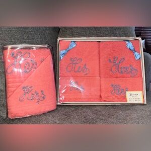 1950s 1960s DEADSTOCK Vintage Coral Pink His Hers Blue Terry Gift Towel Bath Set